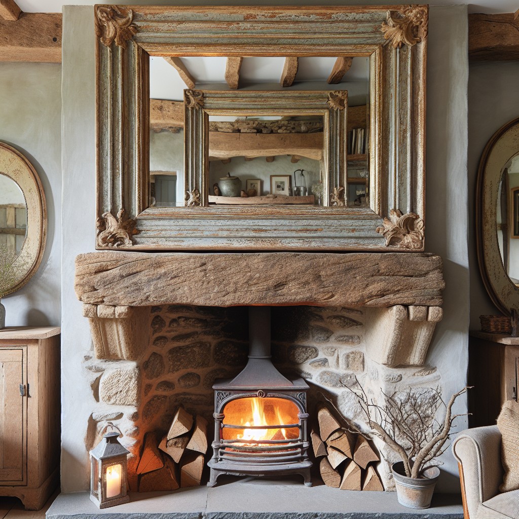 chalk painted mirror frames on either side of country style fireplace