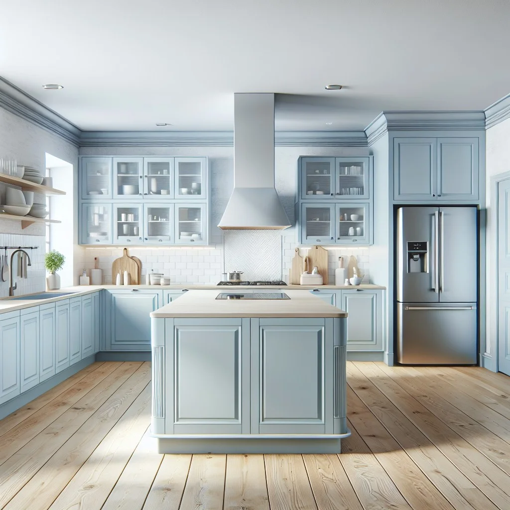 channeling peacefulness with baby blue lower cabinets in a white kitchen