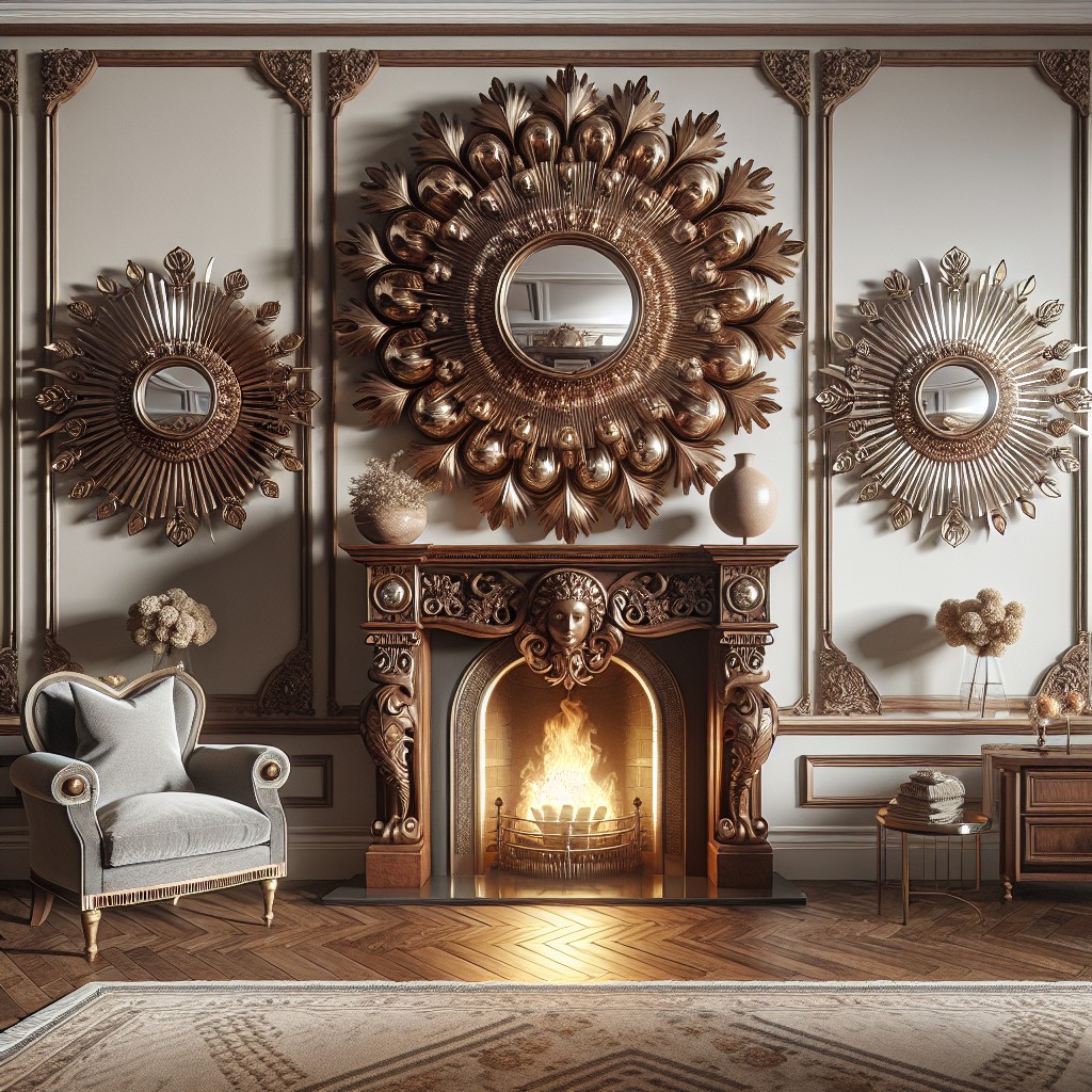 circular sunburst mirrors with an antique wood fireplace