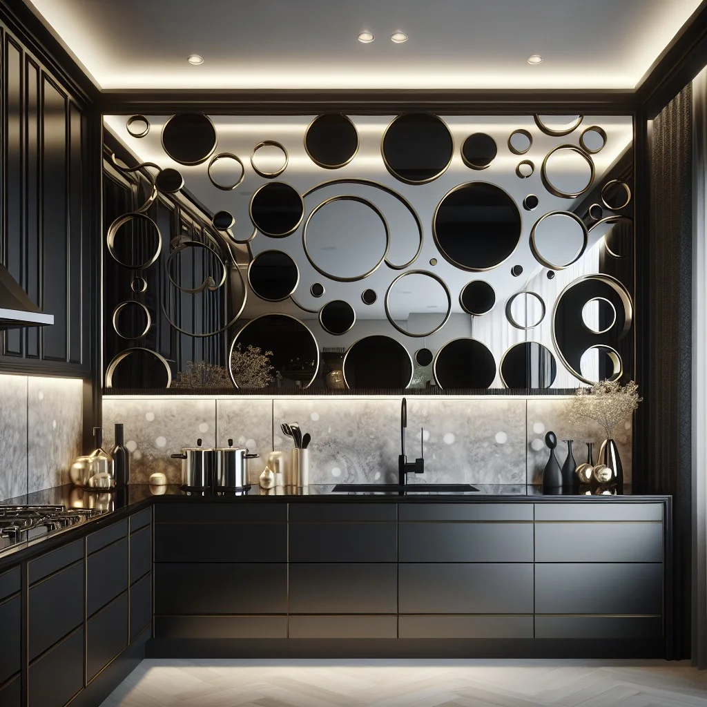 classy black mirror circles pattern backsplash