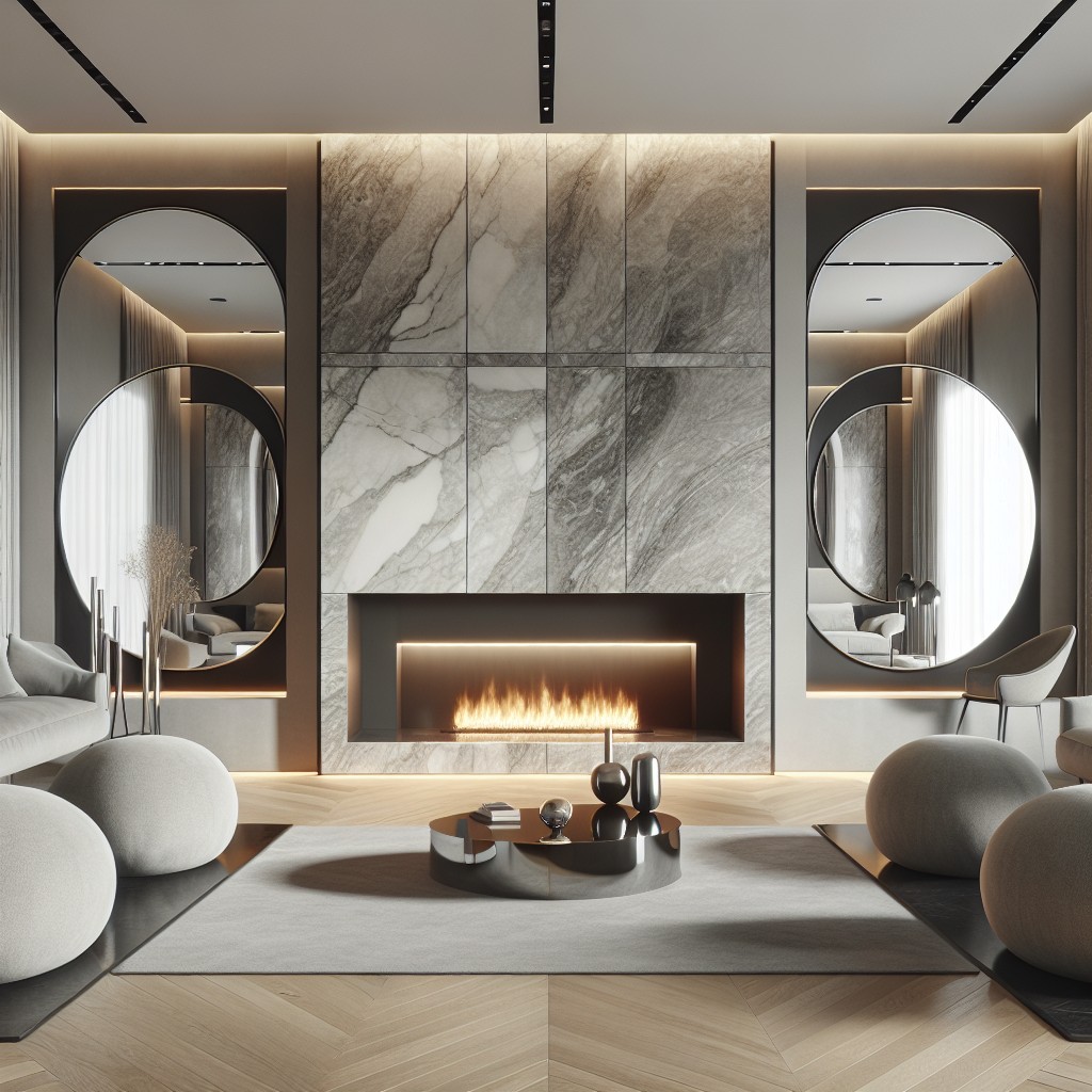contemporary oval mirror above marble finish fireplace
