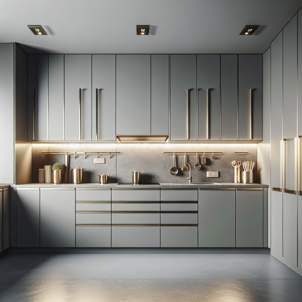 contrasting grey cabinets with sleek brass handles