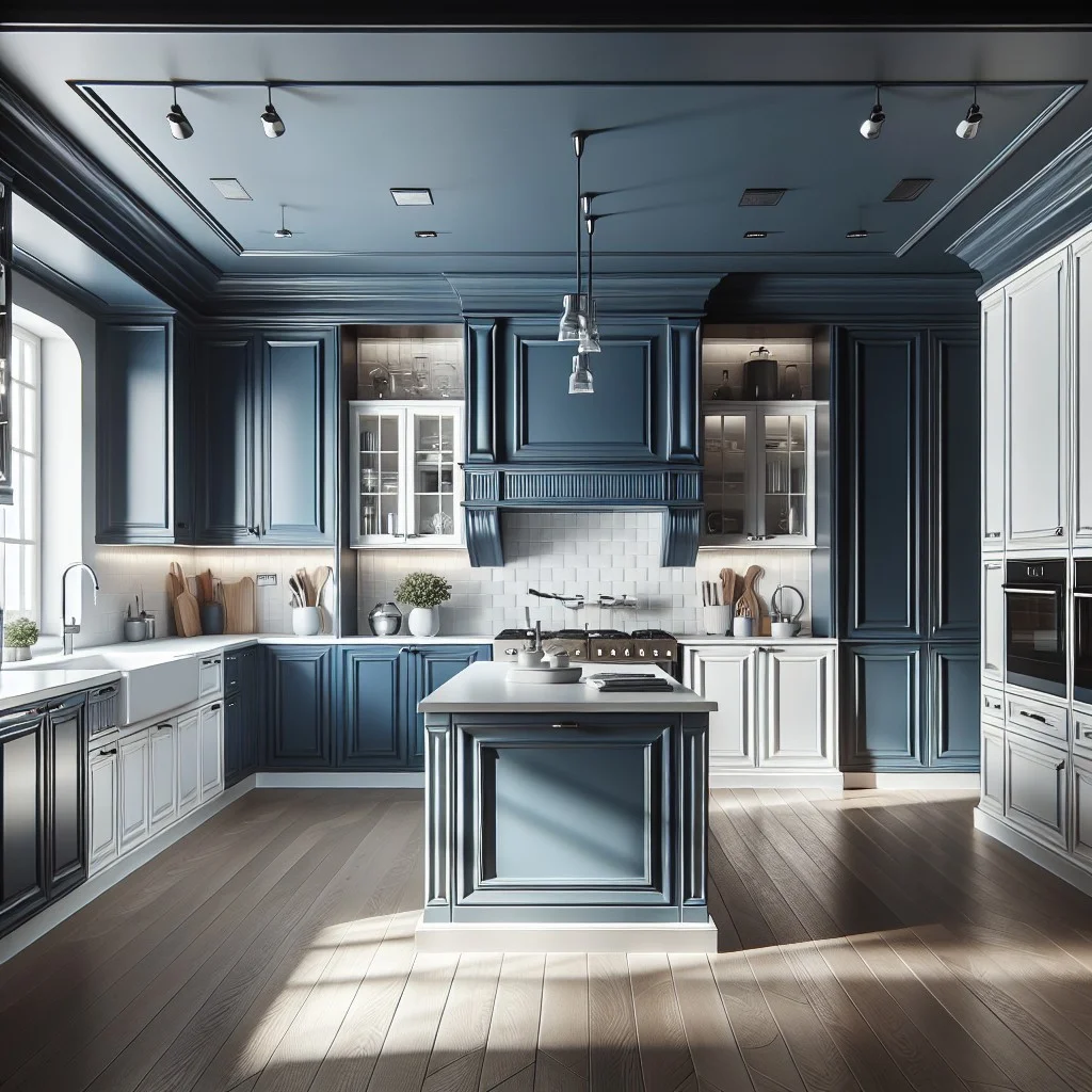 dramatic blue base cabinets paired with minimalist white uppers