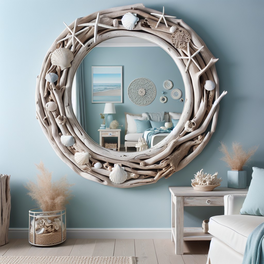 driftwood accented mirror for beach themed room