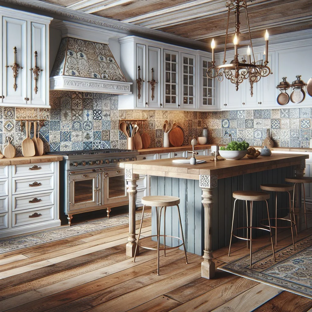 french country blue tile backsplash