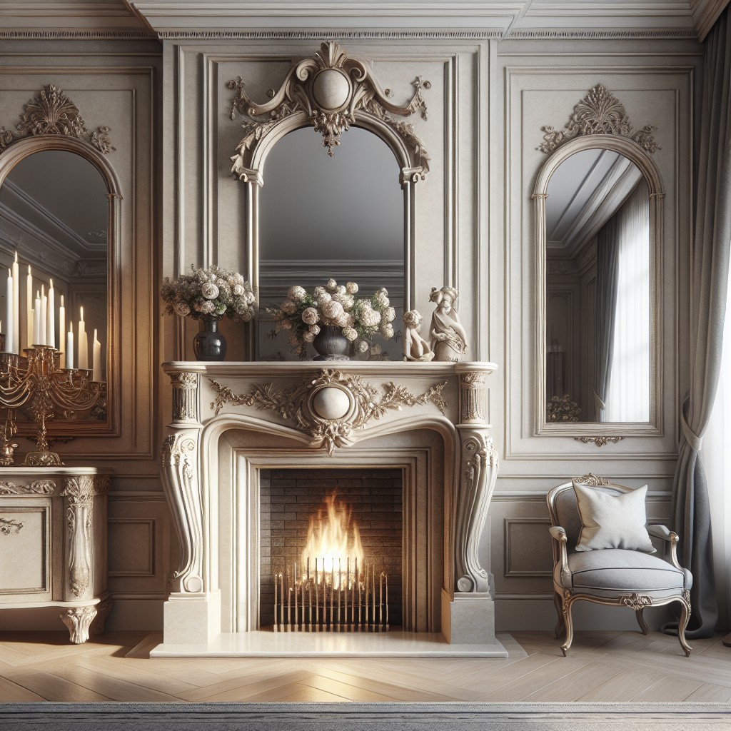 french style trumeau mirrors with a stone mantel fireplace