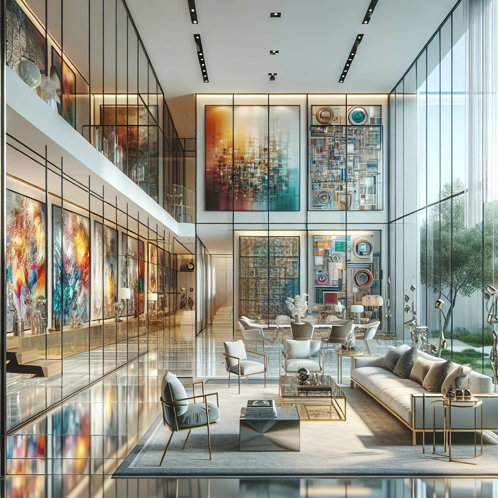glass wall homes featuring modern art