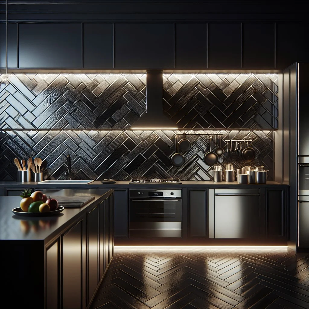 glossy black herringbone pattern backsplash