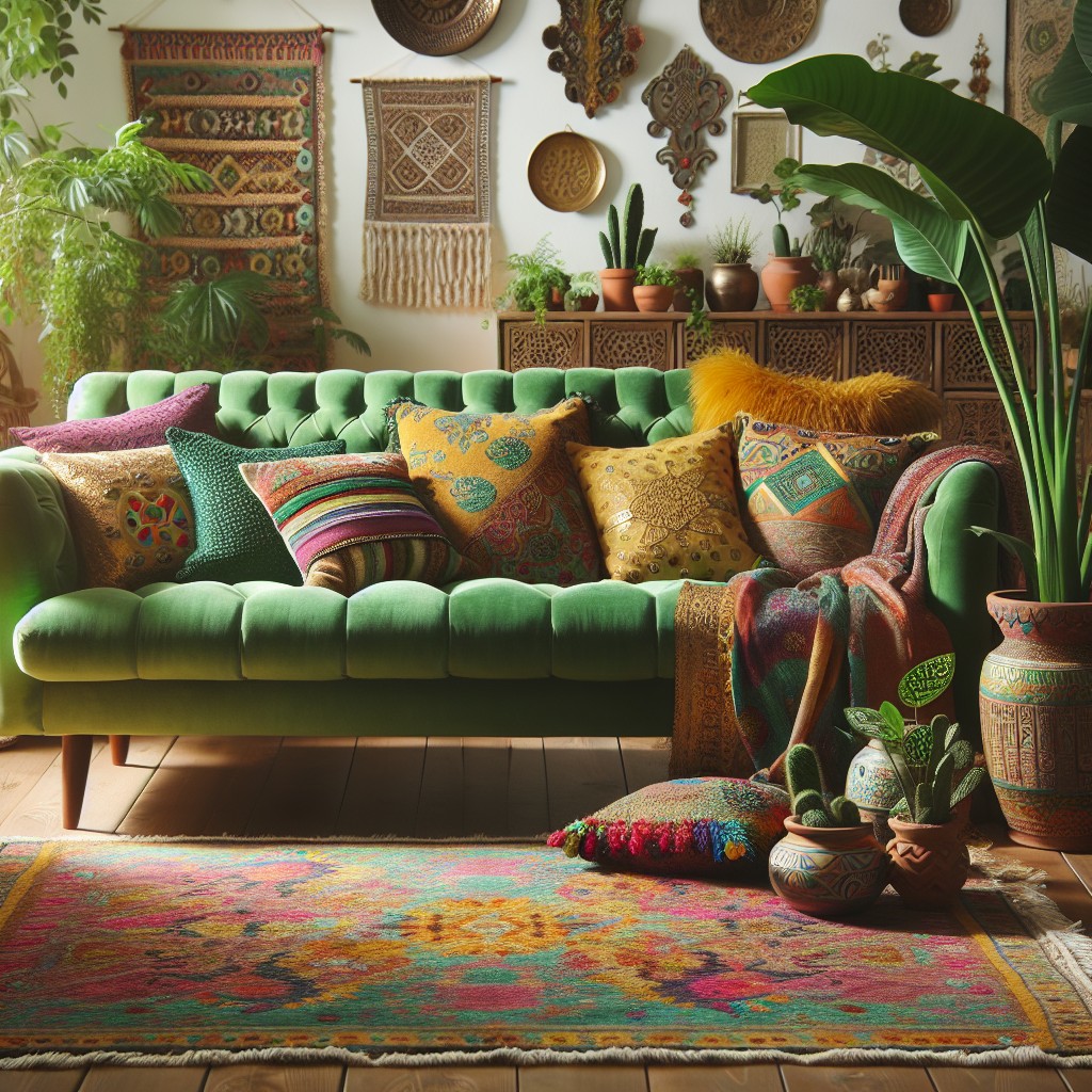 go bohemian with your green sofa