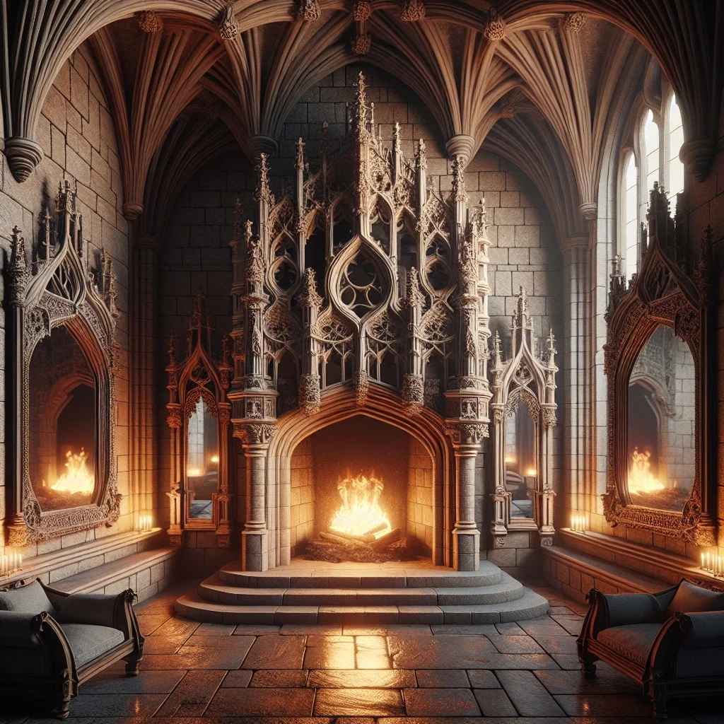 gothic arched mirrors with a castle stone fireplace