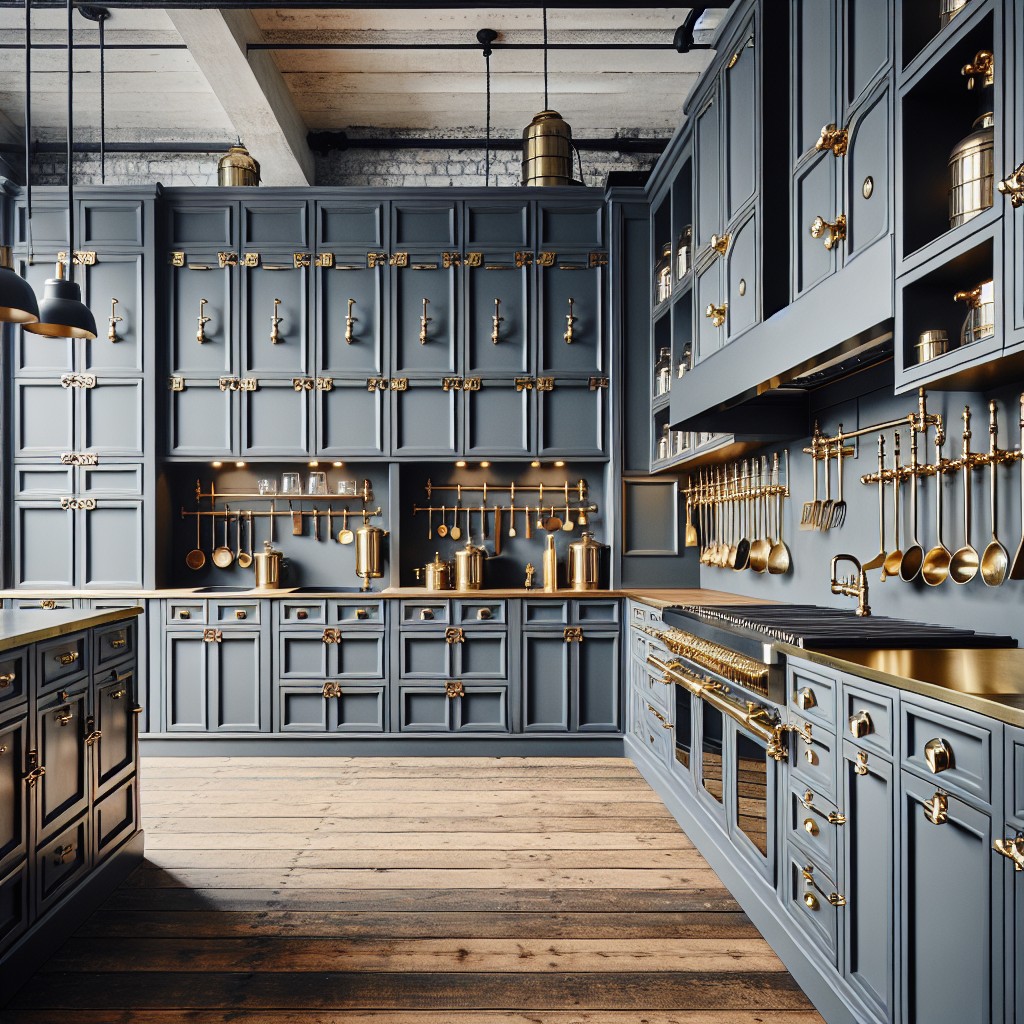 grey cabinets with brass fixtures for an industrial kitchen