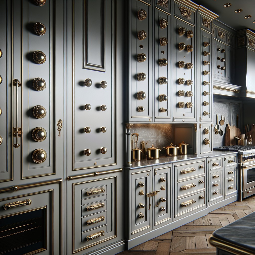 grey cabinets with mix and match brass knobs and pulls