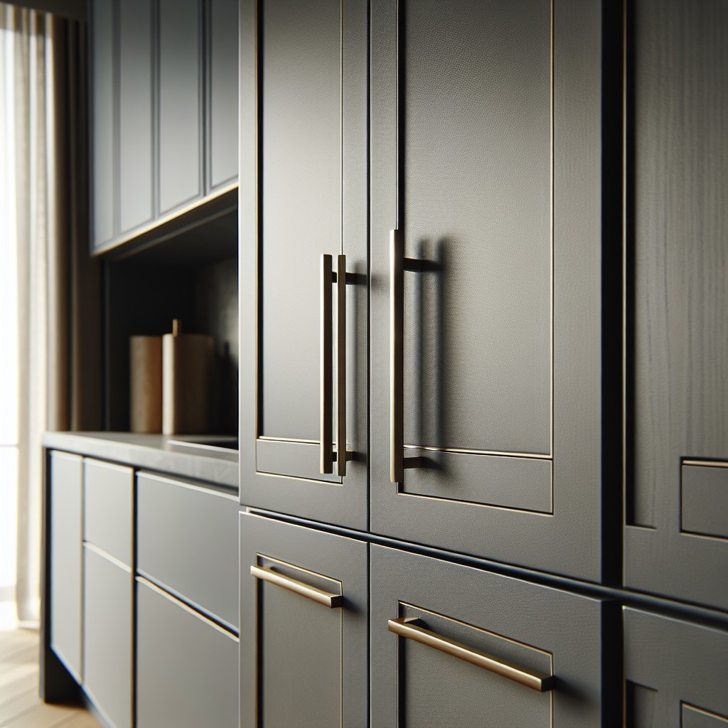 grey kitchen cabinets with brass bar pulls