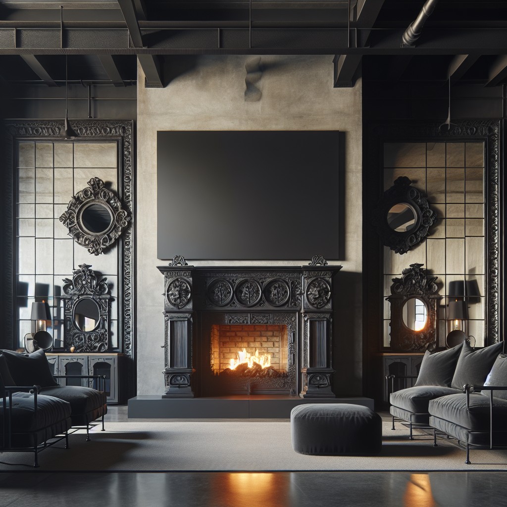 industrial style mirrors with black iron fireplace