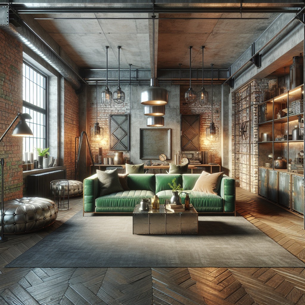 infuse industrial tones with green sofa