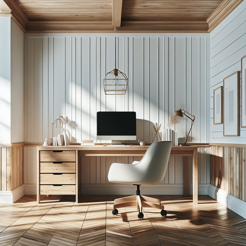 layered shiplap and wood trim in home office