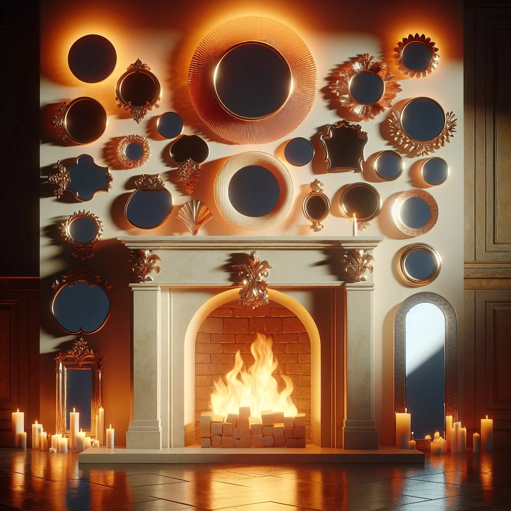 layering mirrors with different shapes and sizes around fireplace