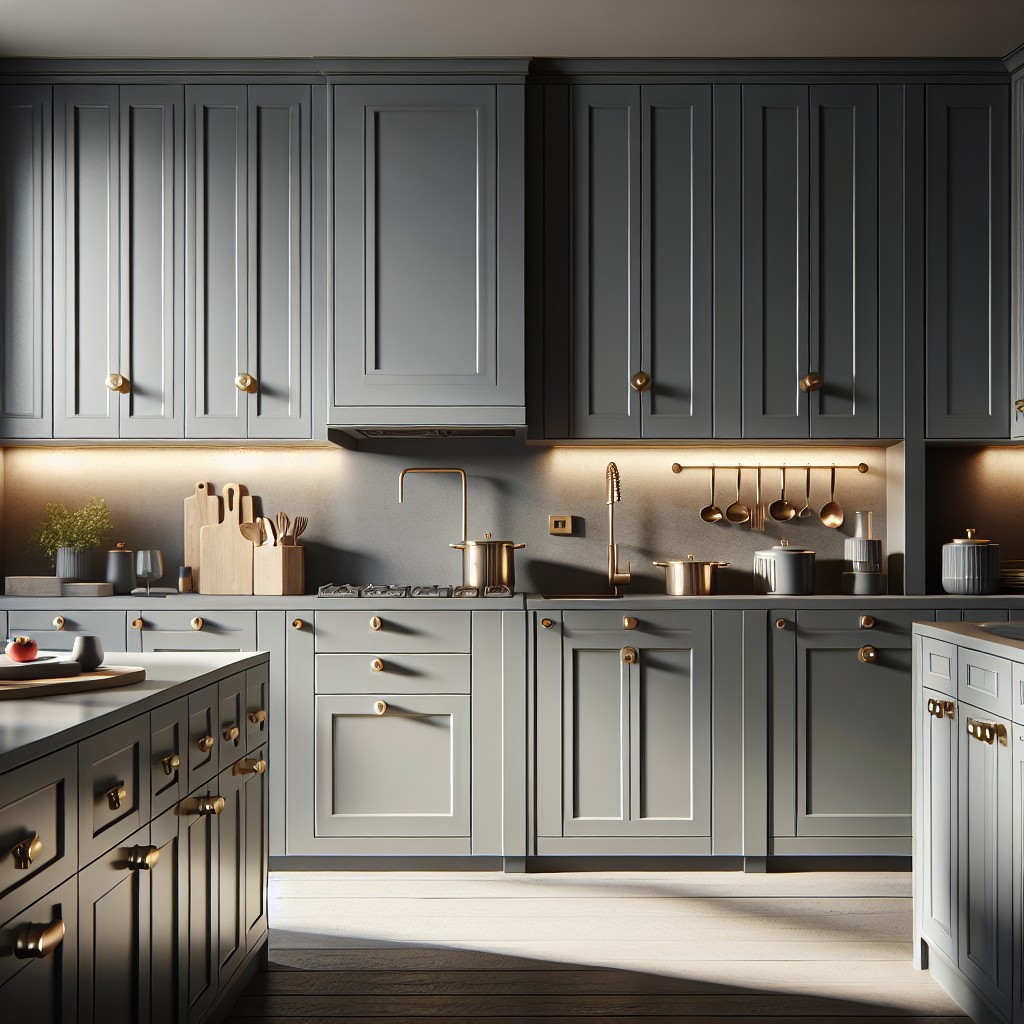 matte finished grey cabinets with brass details