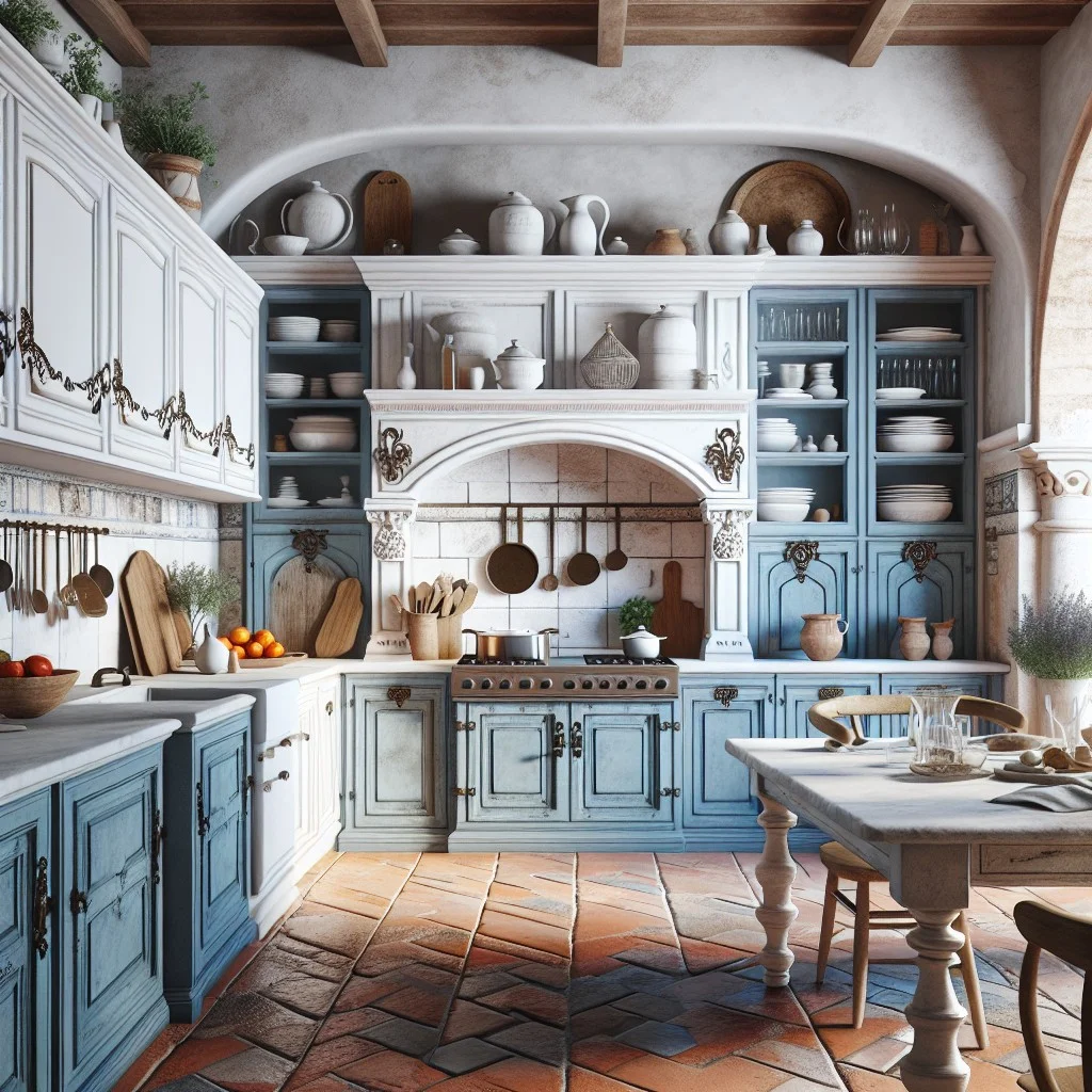 mediterranean style blue and white kitchen