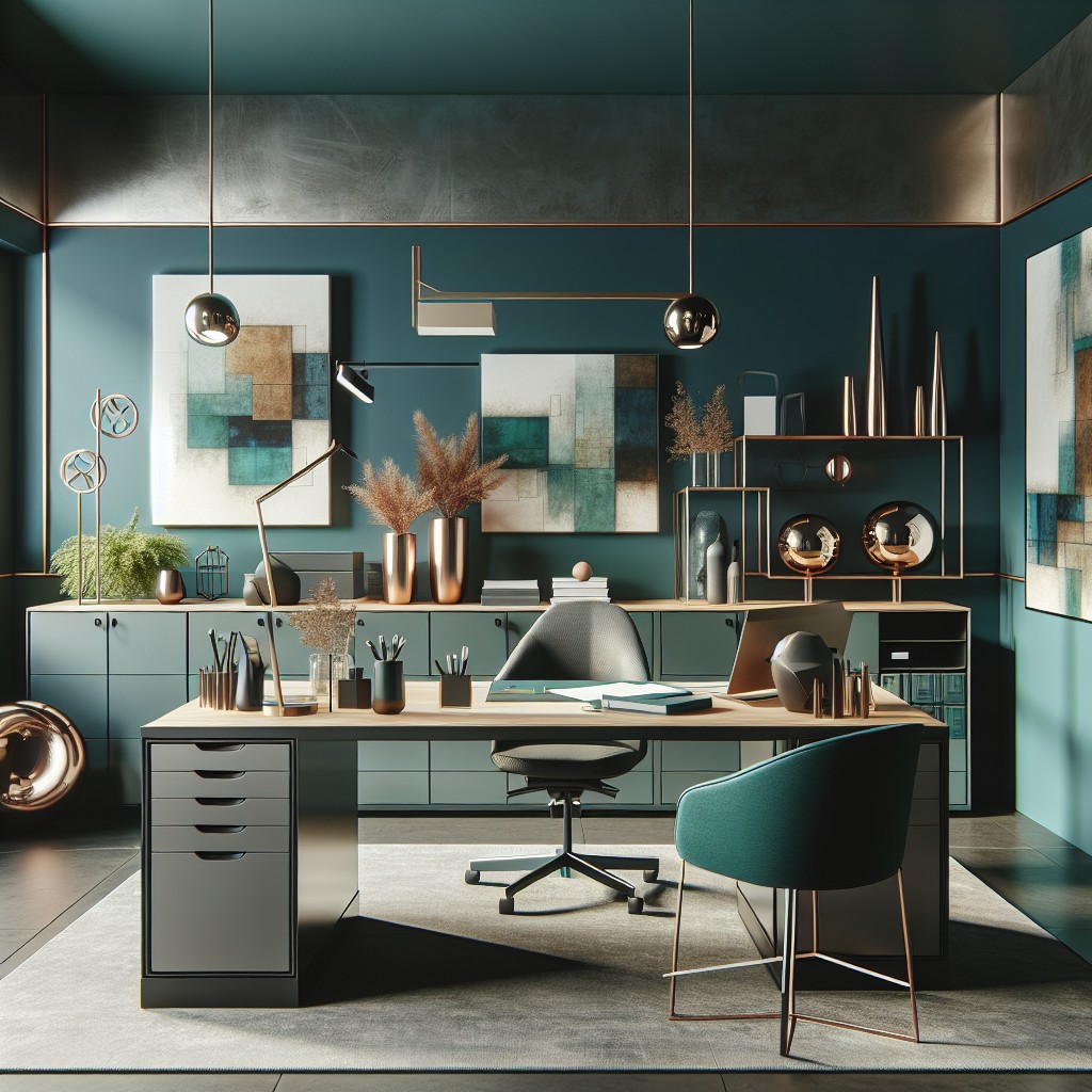 metallic and teal office decor