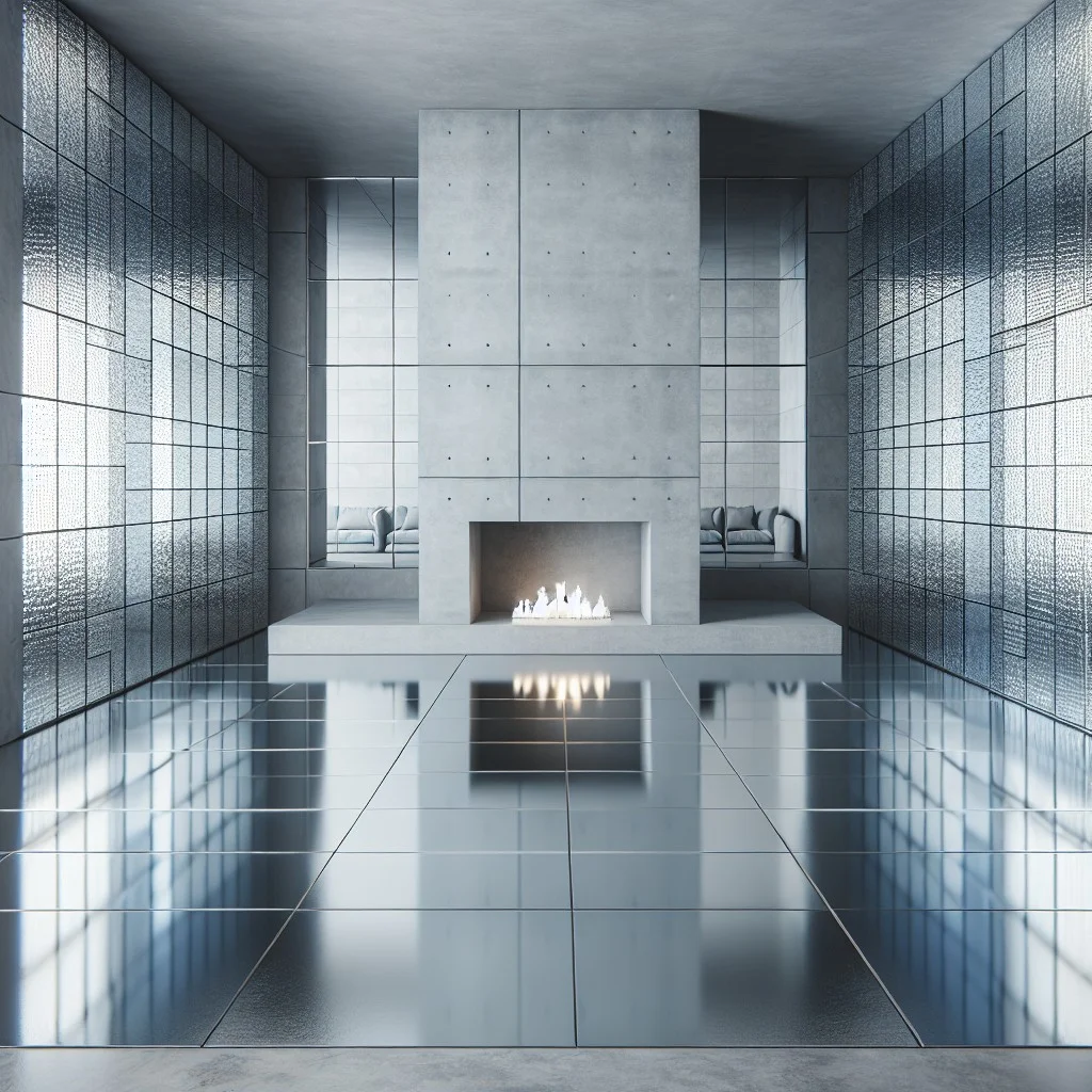 mirror tiles framing a minimalist concrete fireplace
