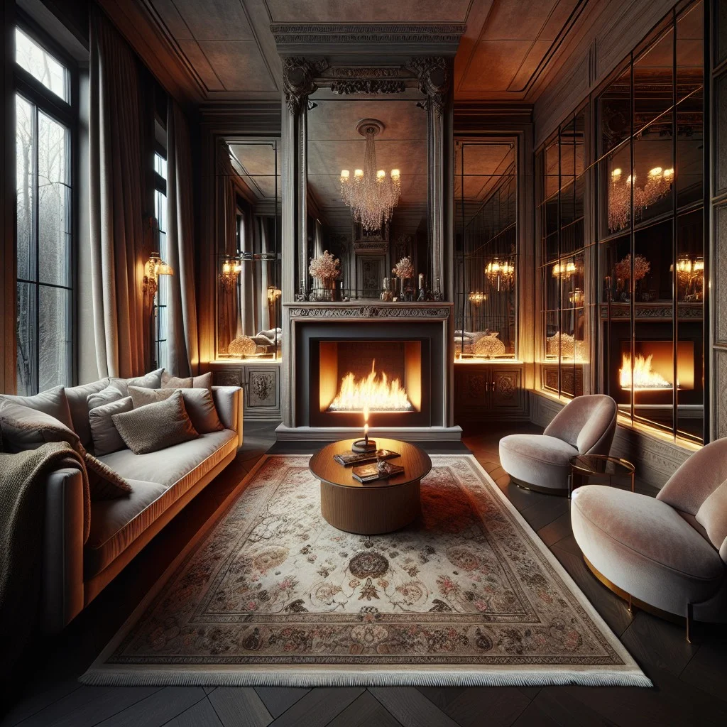 mirrored cabinets on each side of a dual sided fireplace