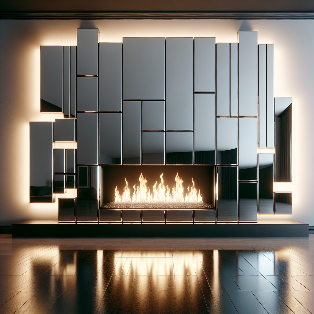 mirrored wall panels extending from a contemporary gas fireplace