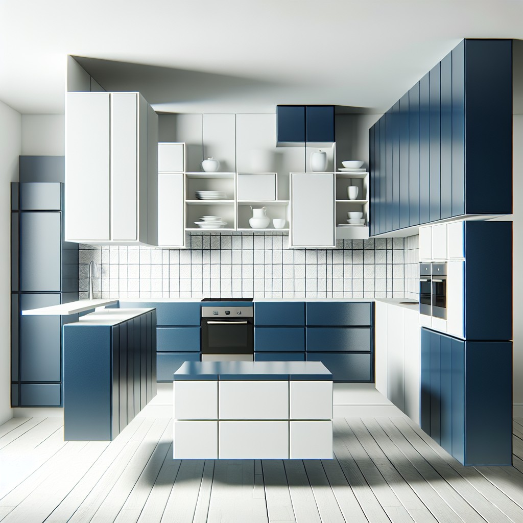 modernistic illusion of floating blue cabinets