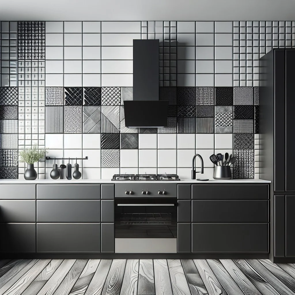 monochrome black tile backsplash