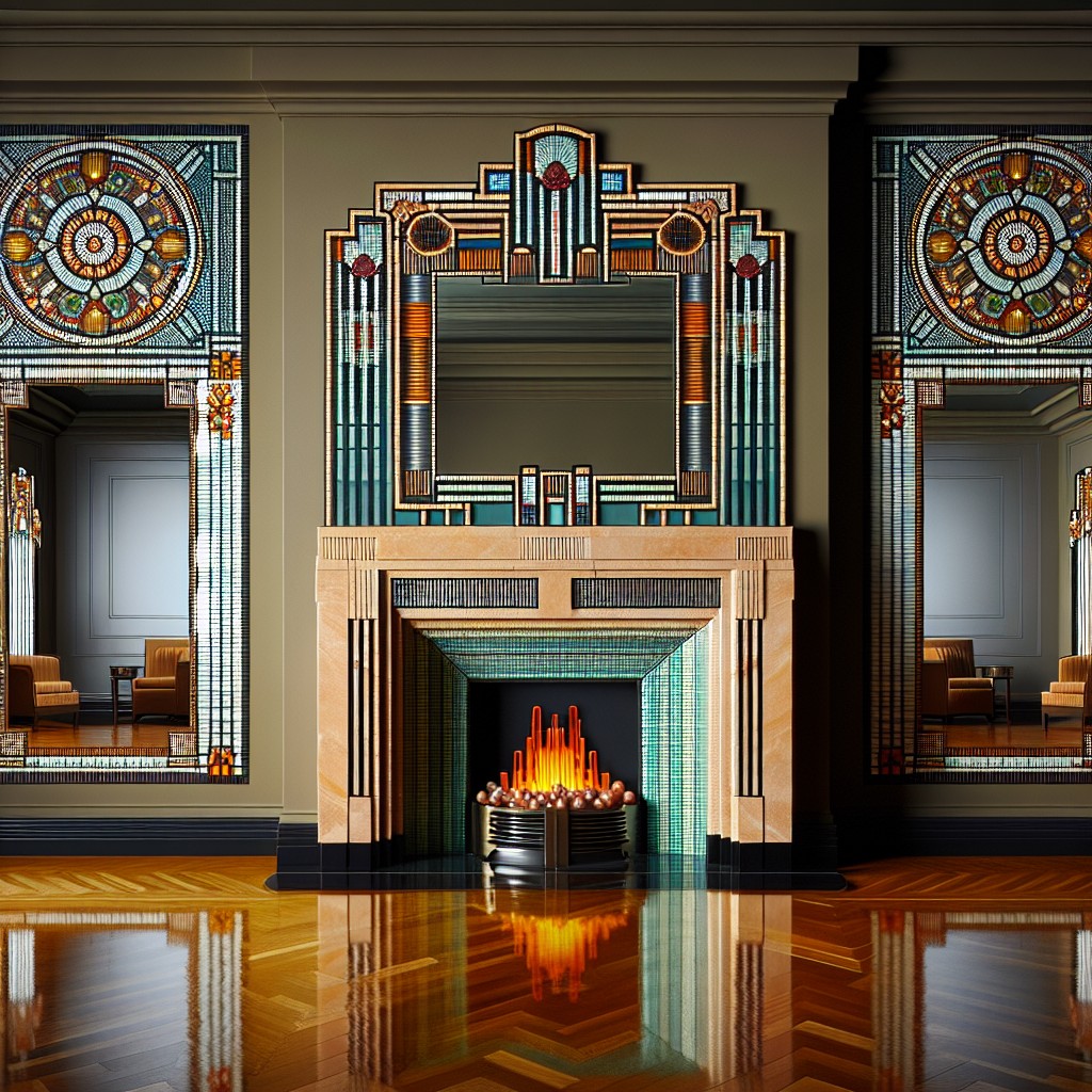 mosaic mirror designs with an art deco fireplace