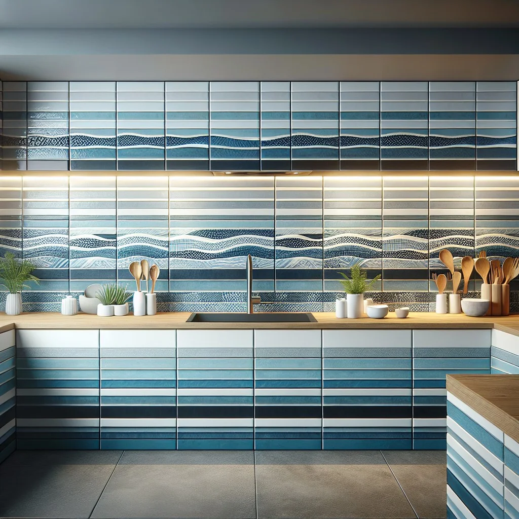 nautical white and blue stripes backsplash