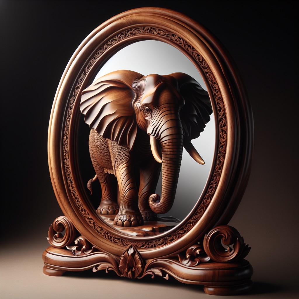 oval mirror with elephant carved wooden frame