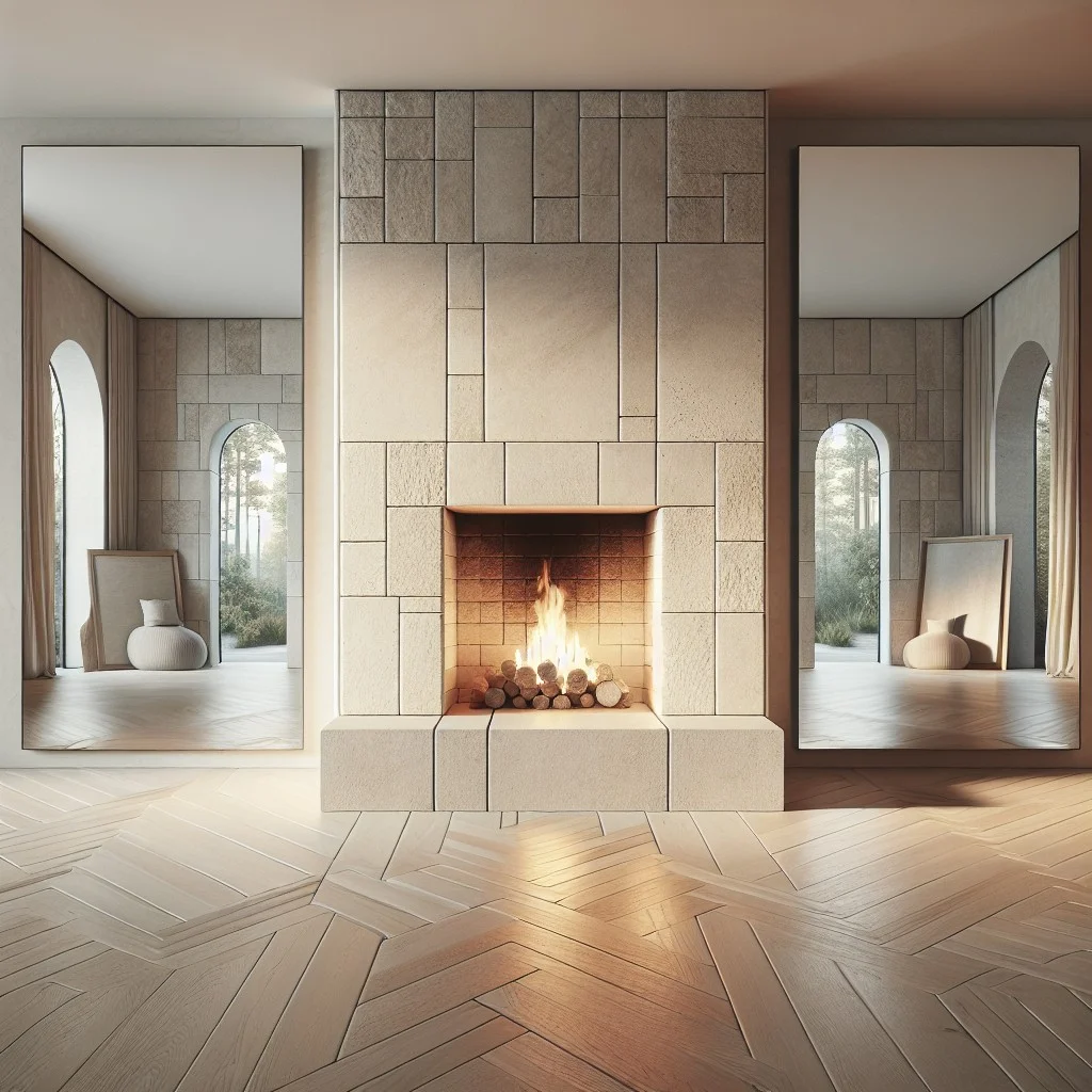 oversized floor mirror next to a scandinavian inspired fireplace