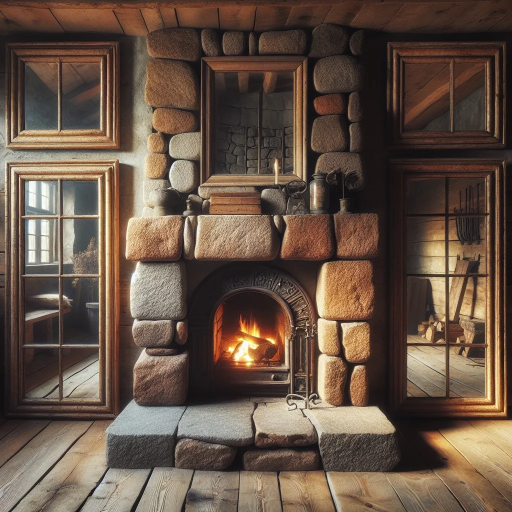 pair of multi panel mirror design on either side of rustic fireplace