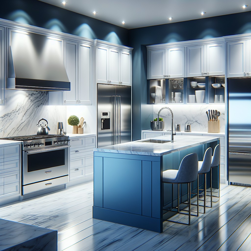 pop of blue elevating white kitchen with colorful blue cabinets