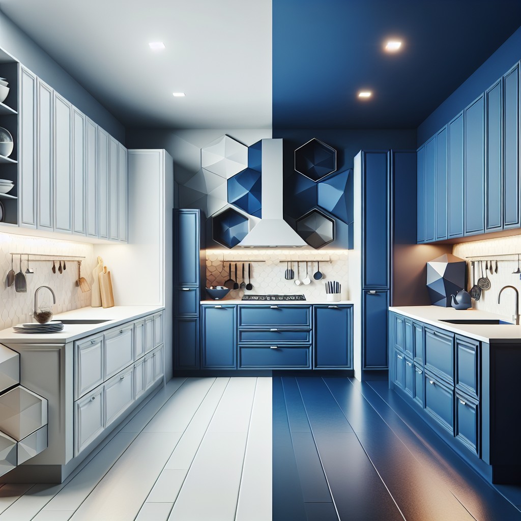 royal blue and white cabinet mix for a regal kitchen