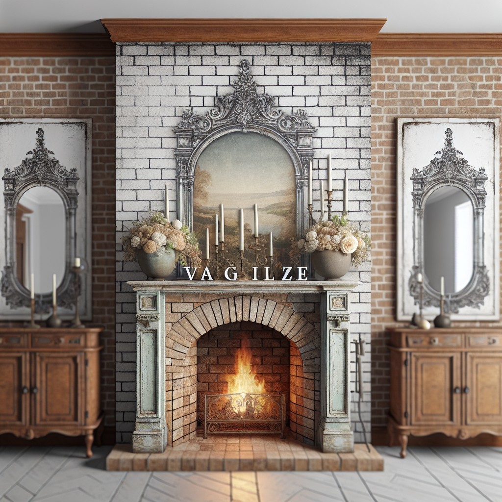 shabby chic style mirrors combined with brickwork fireplace