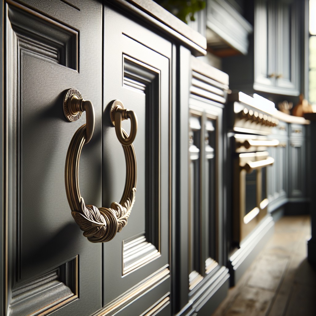 smoky grey cabinets with brass ring pulls