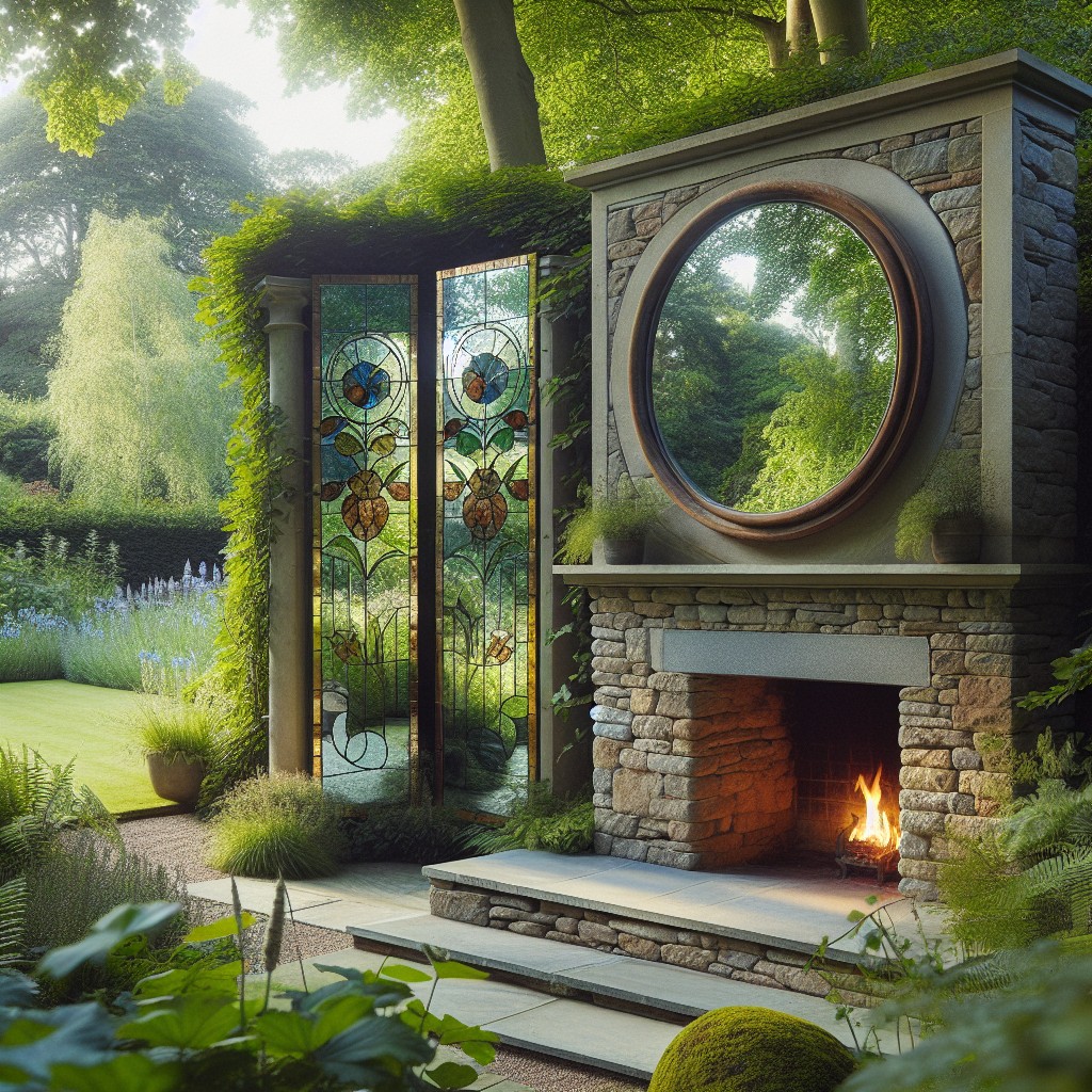 stained glass mirrors alongside an outdoor fireplace