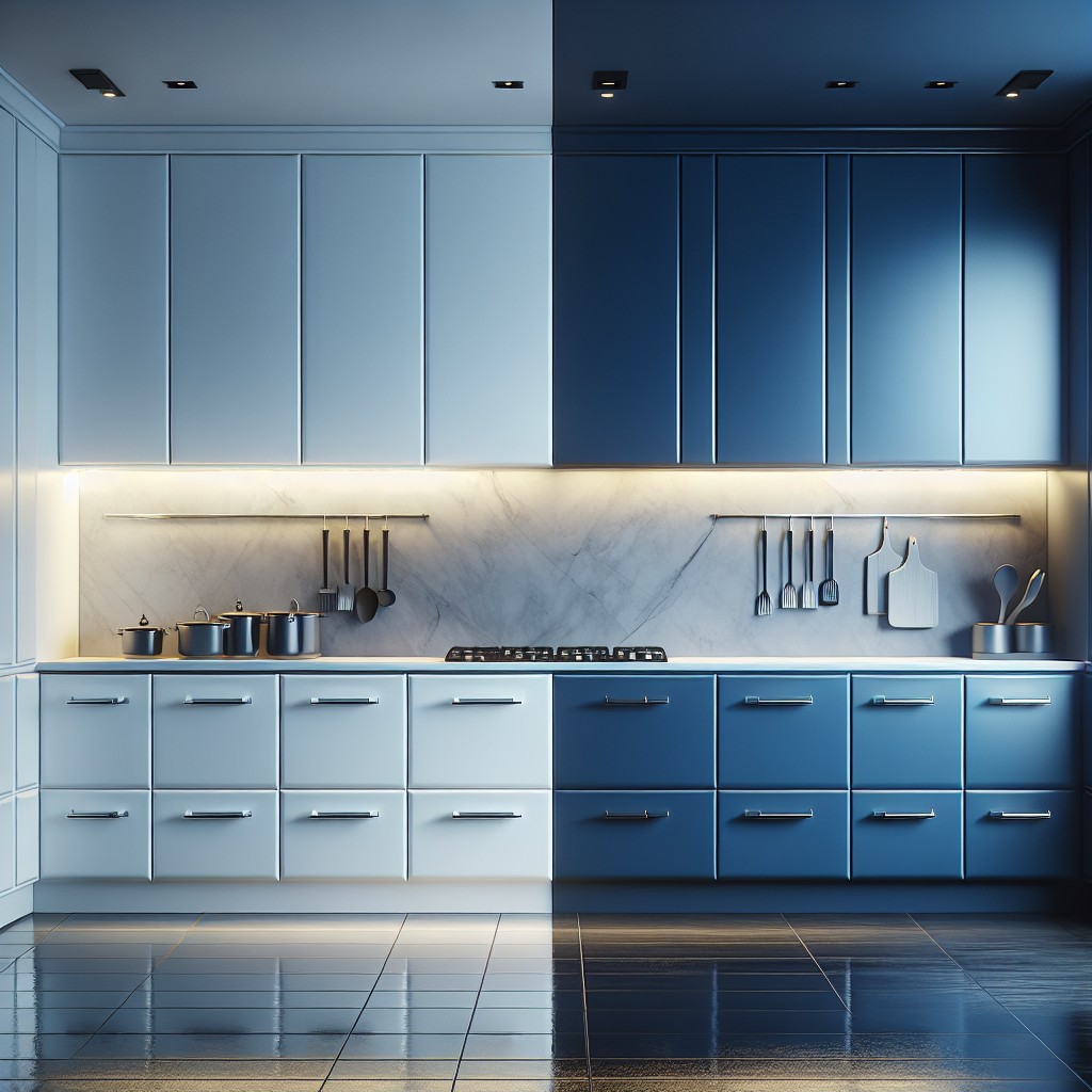 striking contrast dark blue bottom cabinets white uppers