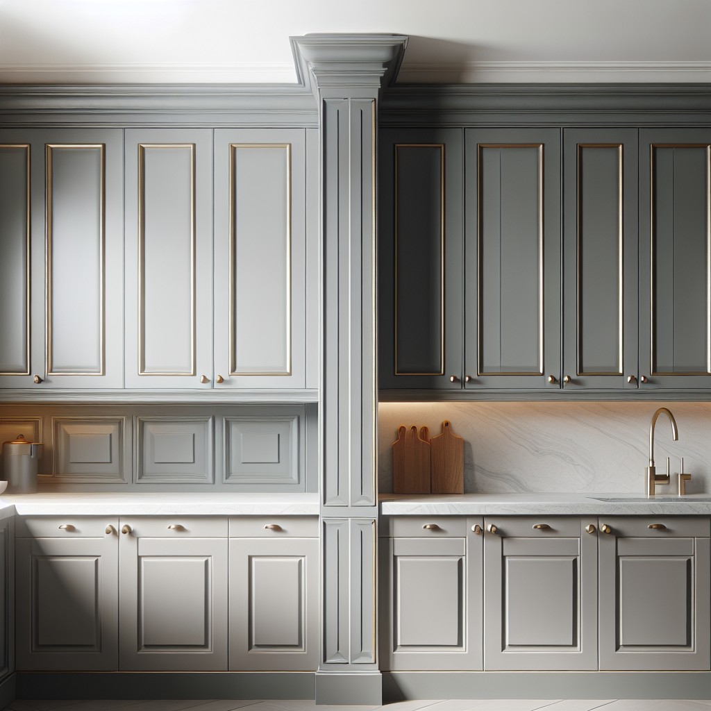 two toned grey cabinets light and dark shades with brass accents