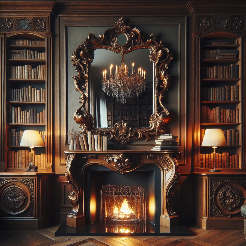 vintage ornate mirrors above fireplace framed by bookshelves