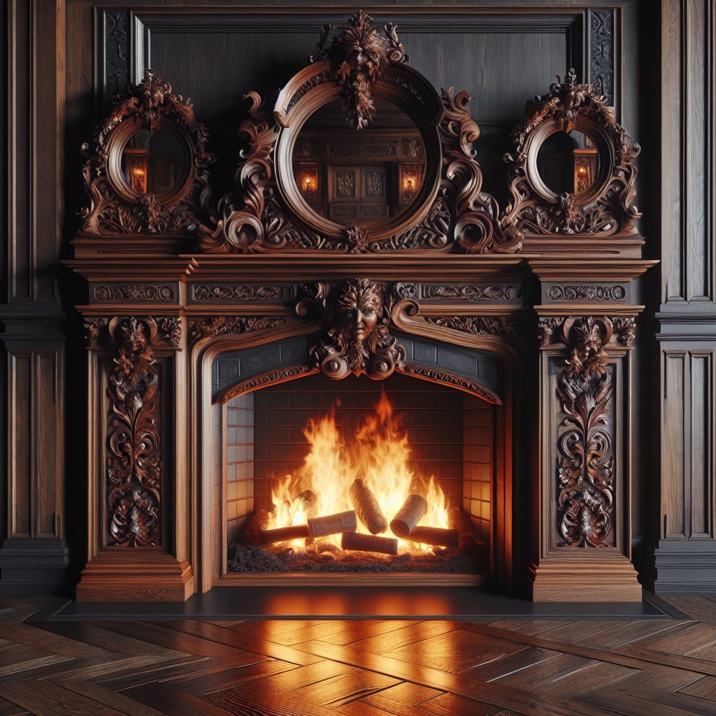 wooden carved mirrors flanking a colonial style fireplace