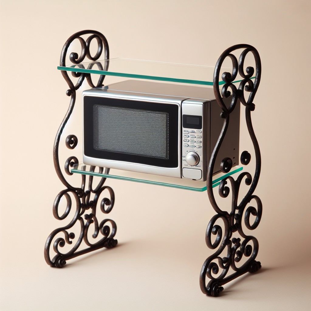 wrought iron stand with a glass microwave shelf