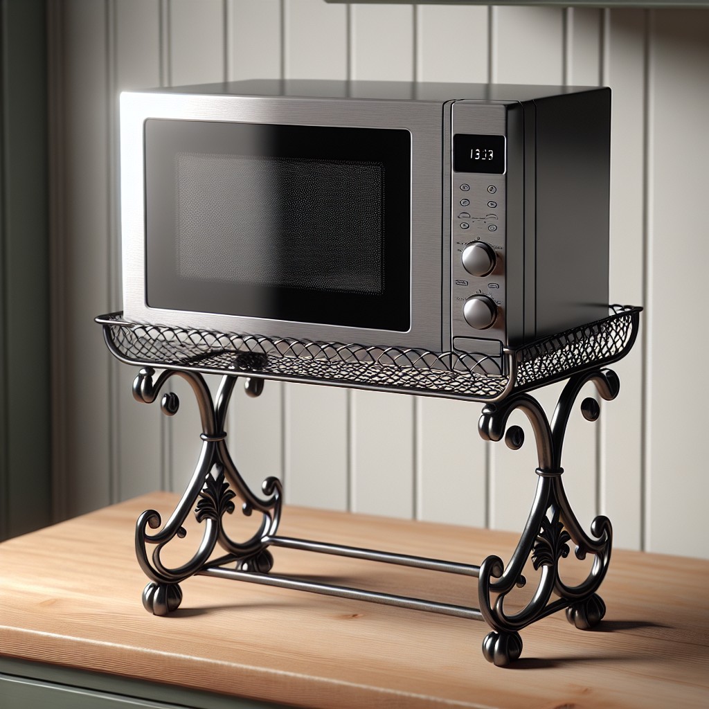 wrought iron stand with wire mesh microwave holder