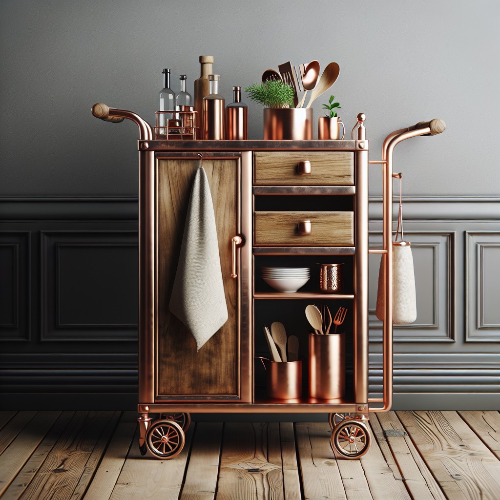 chic and compact copper and wooden cart for small kitchens