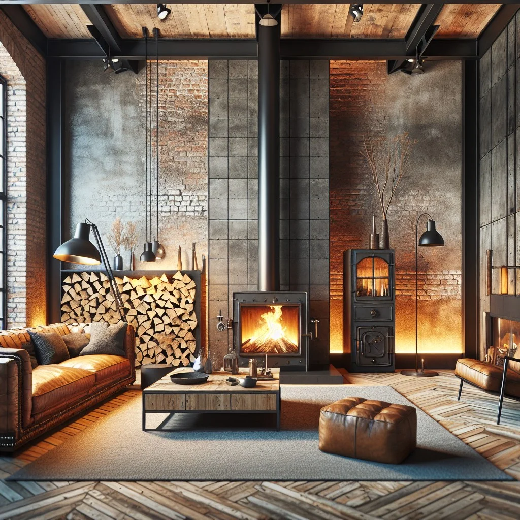 industrial fireplace with stacked wood storage