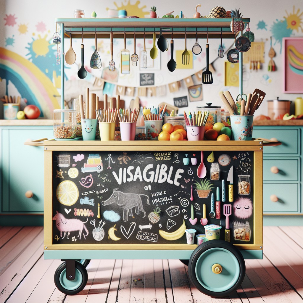 kid friendly mobile kitchen cart with chalkboard