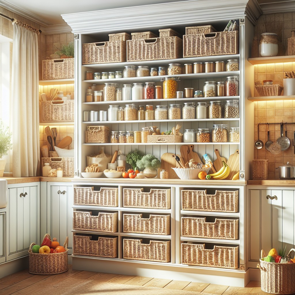 built in pantry with wicker basket drawers