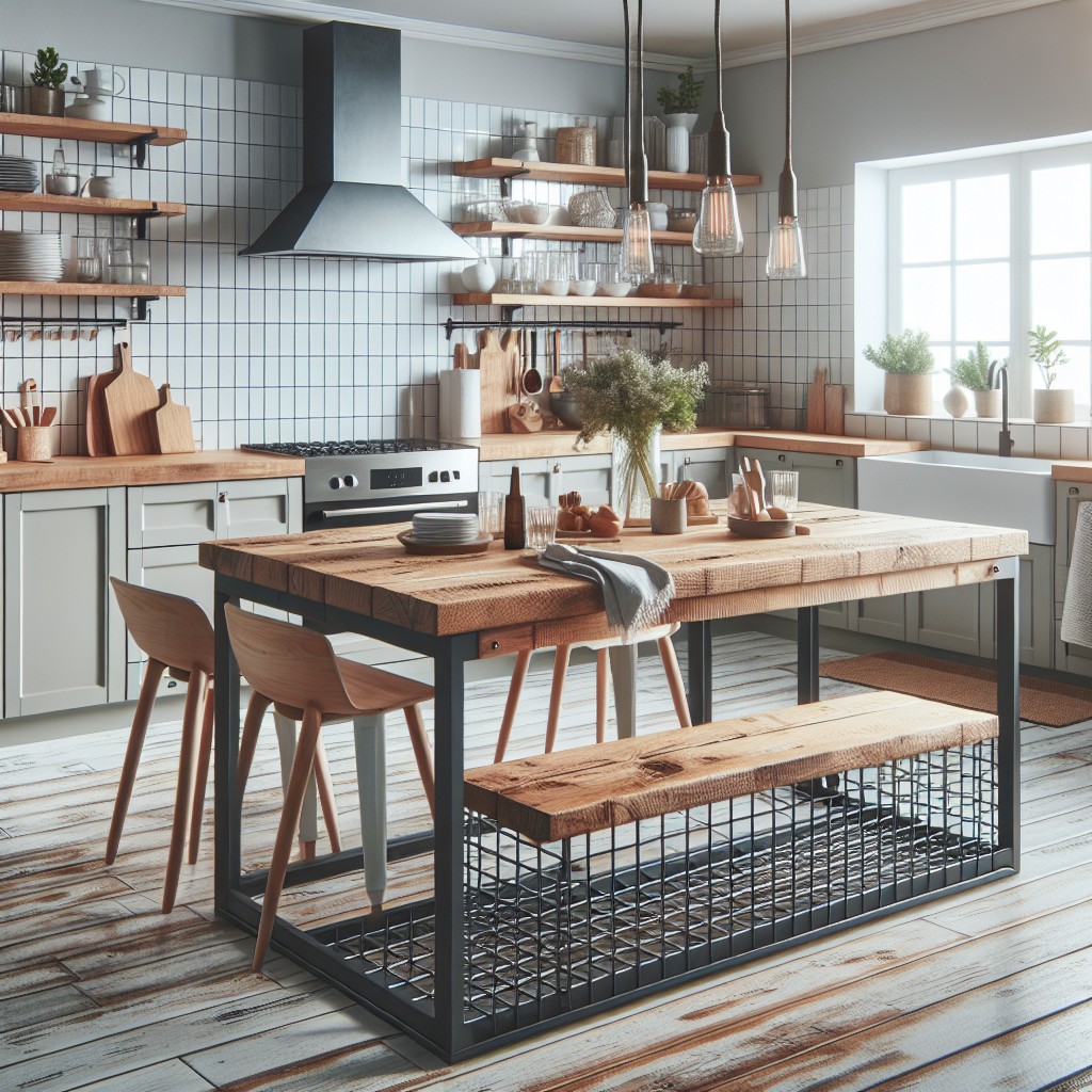 rustic metal grid designs underneath wooden farmhouse kitchen tables